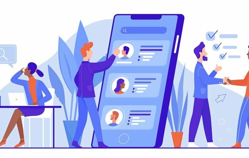 graphic of people using a large life sized tablet