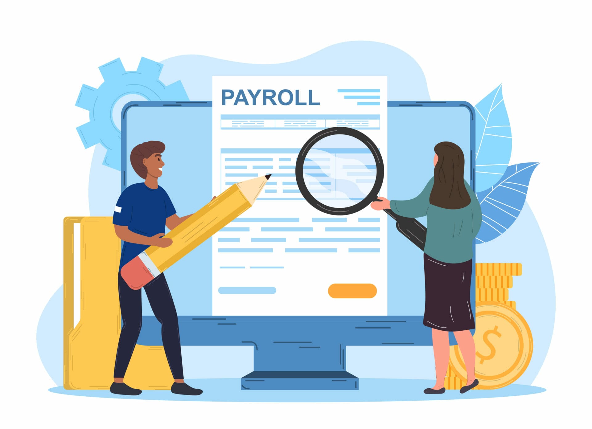 graphic of 2 individuals analyzing a pay stub