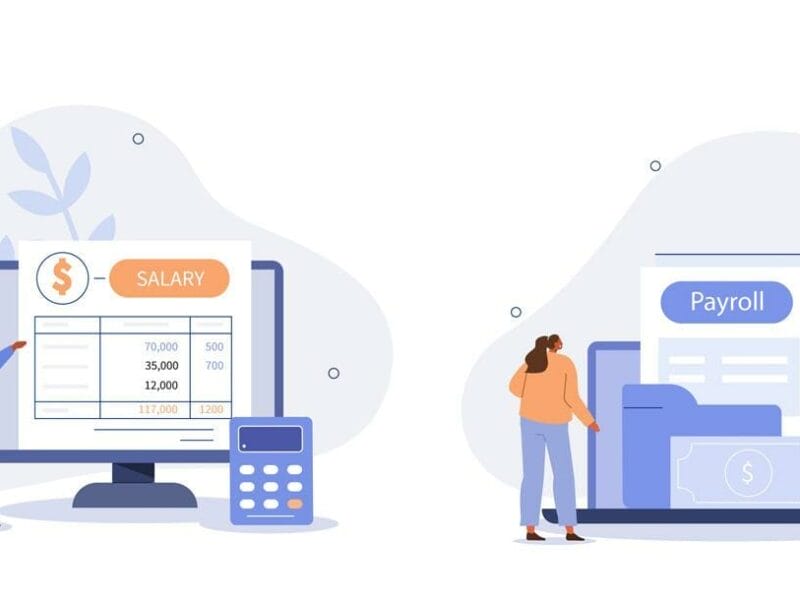 Graphics of people looking at salary and payroll