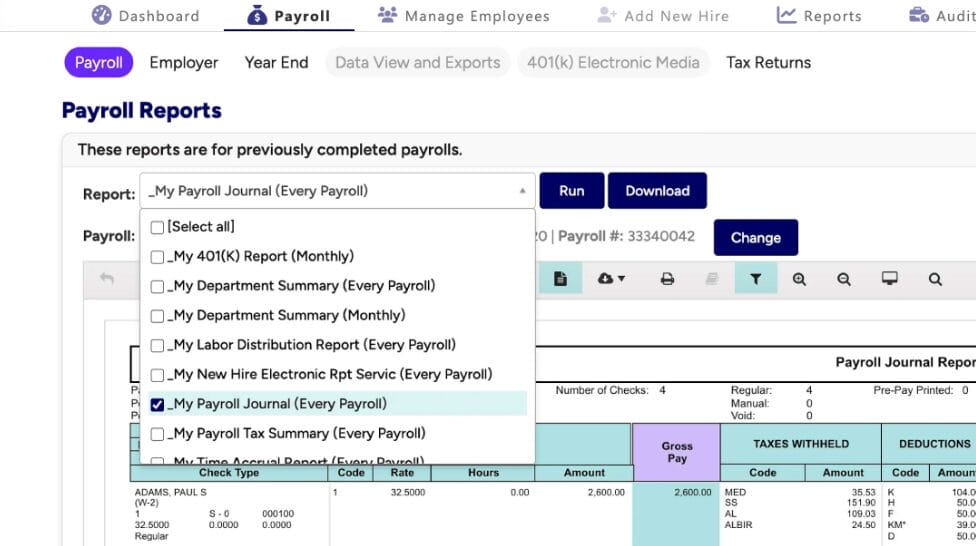 payroll software screenshot of reporting interface