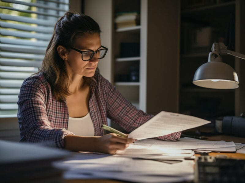 woman staring at paperwork in home office lit by lamp